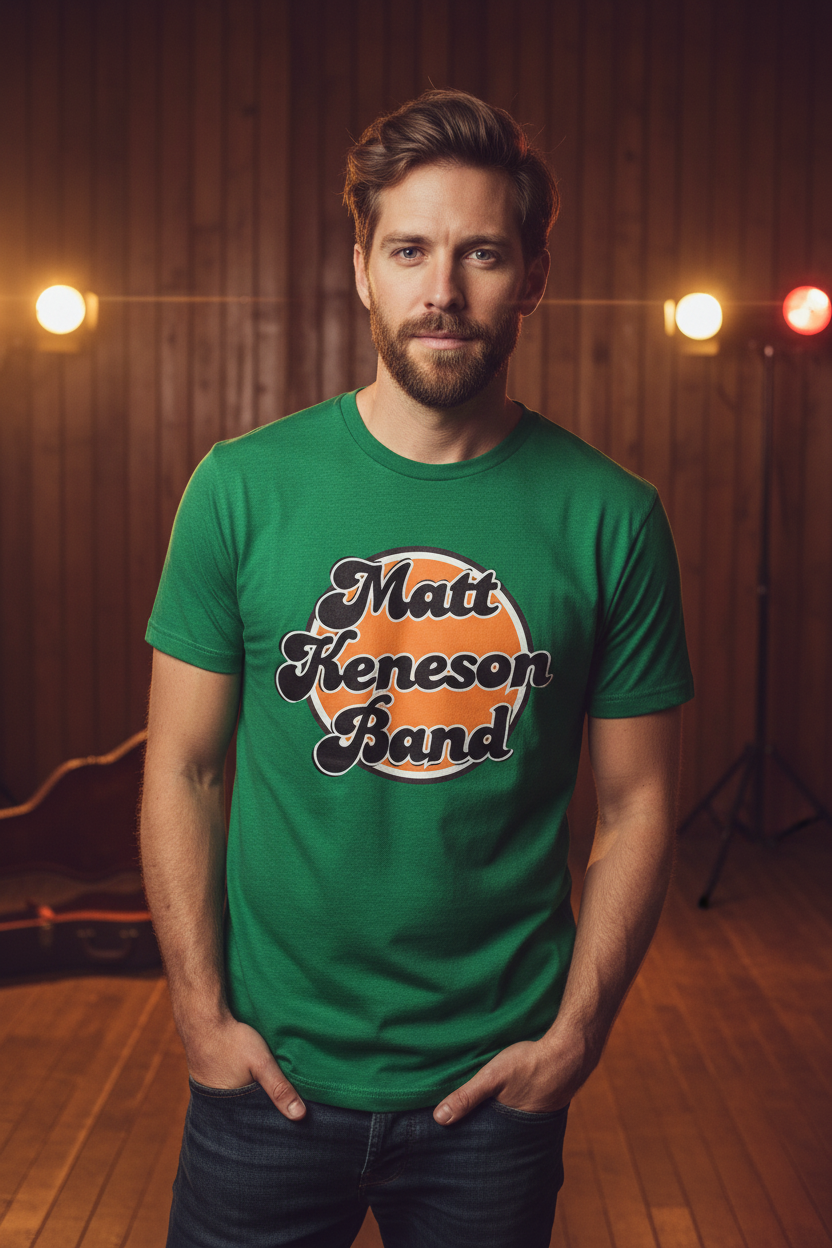 Fan wearing the Antique Irish Green MK Band Logo T-Shirt in a warm rehearsal-room setting